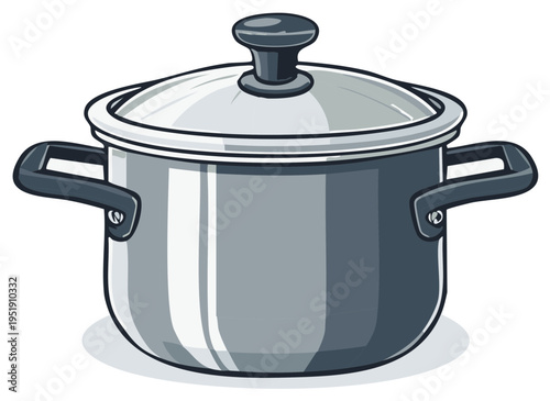 Stainless steel cooking pot illustration with lid and handles for culinary design and kitchenware concepts in food preparation