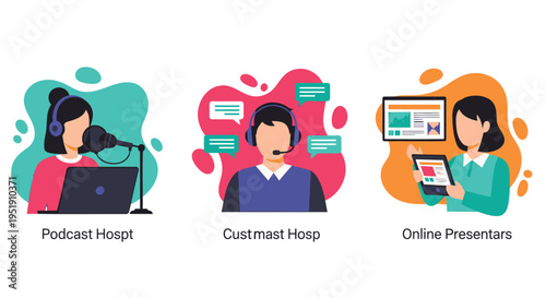 Set of 3 vector flat design people icons for online presentation, podcast, and customer service
