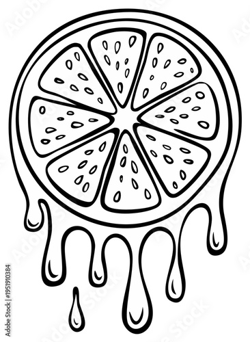 Black and white drawing of a juicy citrus fruit slice dripping liquid