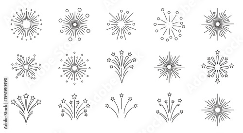Collection of festive light burst decorations perfect for adding a touch of celebratory sparkle to designs or bringing an artistic flair to creative concepts with radiant firework shapes and