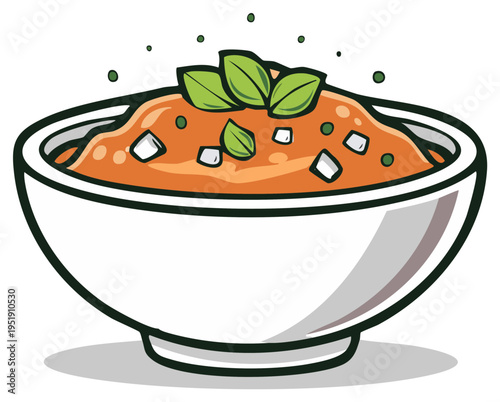 Delicious bowl of tomato soup illustration with basil garnish for culinary designs. Appetizing and vibrant dish perfect for food presentations.