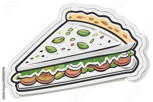 Cartoon-style pizza slice with sandwich fillings, sticker design