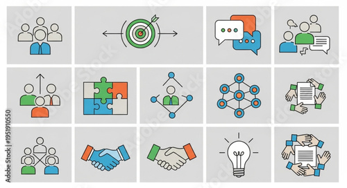 Business Collaboration Icons - Teamwork, Communication, and Strategy.
