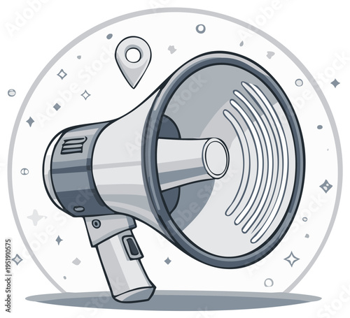 Megaphone icon with location pointer, communication tool, announcement device, news symbol in gray shades