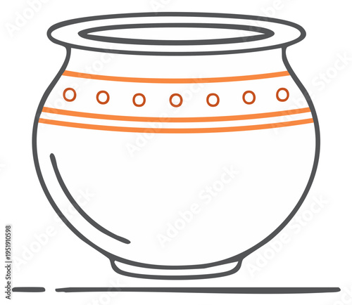 Simple drawing of a round pottery pot with decorative orange stripes and circles