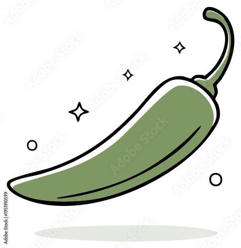 Fresh Green Jalapeno Pepper with Sparkles and Outline Illustration