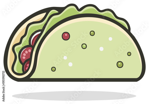 Cartoon Taco Illustration Featuring Lettuce, Tomatoes, and Green Tortilla
