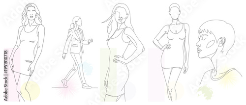 Elegant Hand-Drawn Fashion Sketches of Women in Various Poses, Continuous Line Art Vector Illustration