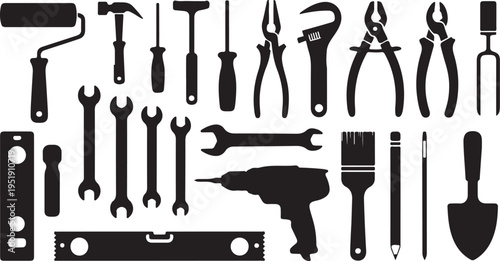 A wide collection of essential hand tools and power equipment shown in black silhouettes on white