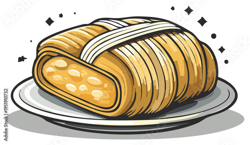 Handcrafted traditional tamale dish with savory filling on a white plate and sparkling highlights