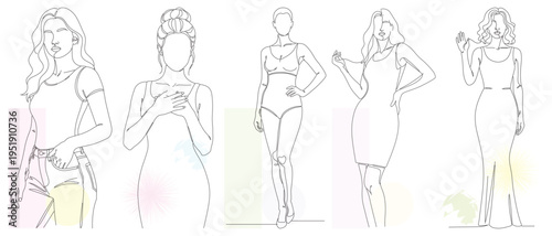 Elegant Hand-Drawn Women Fashion Sketches - Continuous Line Art Vector Illustration for Design Projects