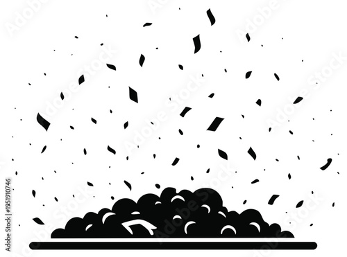Vector illustration depicting a pile of waste and rising confetti elements black and white