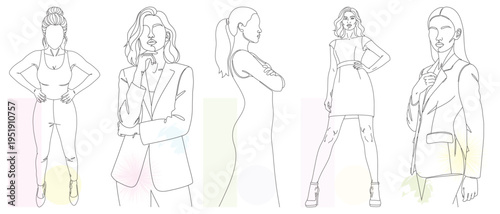 Elegant handdrawn women fashion sketches, continuous line art illustrations, stylish female figures in various poses, vector design for branding.
