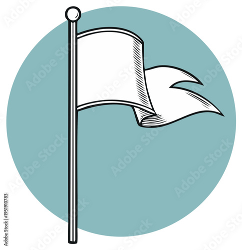 Waving flag design illustration vector art, isolated on blue background, sketch of blank pennant and pole