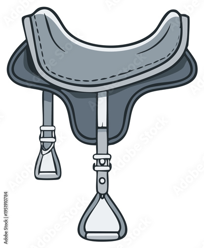 Horse saddle illustration for equestrian sports and riding activity in grayscale tones