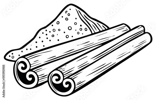 Black and white illustration of cinnamon sticks and powder, cooking ingredients