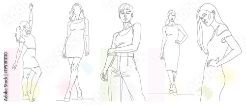 Elegant Women Fashion Sketches: Hand-Drawn Continuous Line Art Collection for Modern Design and Editorial Use