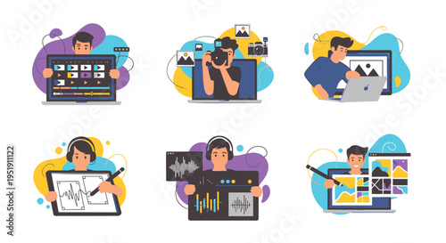 Set of 6 people working on computer vector icons