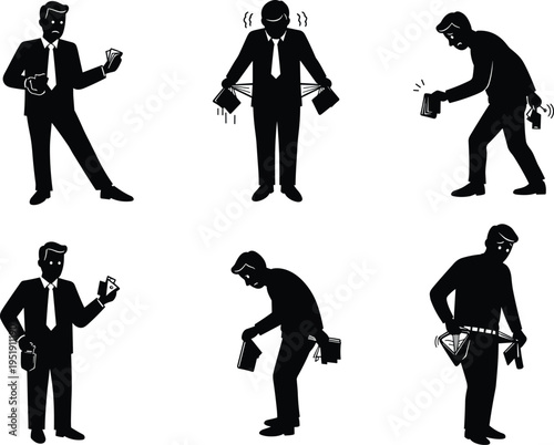 Financial silhouette illustration, money wallet icons, economic distress figures, wealth posture design, personal finance graphic, poverty hardship set, financial emotion silhouettes