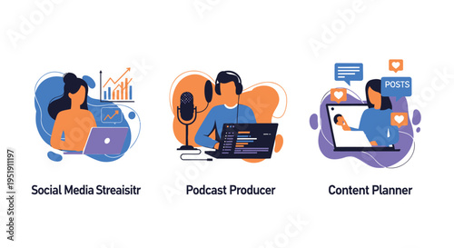 Set of 3 vector illustrations of people working with digital media