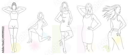 Hand-Drawn Fashion Sketches of Women in Various Poses - Continuous Line Art Vector Illustration