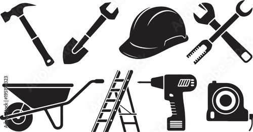 Essential construction and repair tools like a hammer, wrench, drill, and safety helmet in distinct black silhouettes