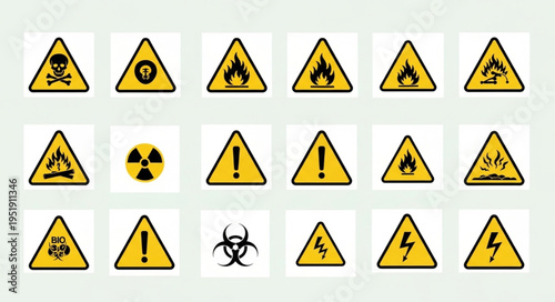 Collection of Triangular Warning Signs Indicating Various Hazards.