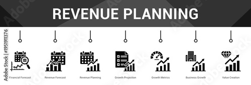 Revenue Planning  Modern and clean web banner illustration vector featuring thematic icons