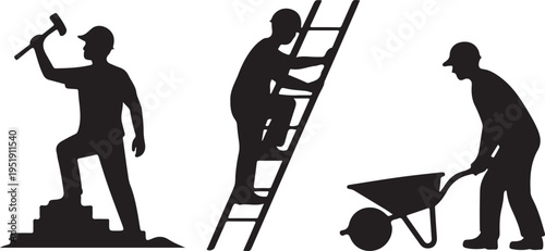 Three individual silhouettes display construction workers engaged in different building activities