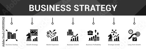 Business Strategy  Modern and clean web banner illustration vector featuring thematic icons