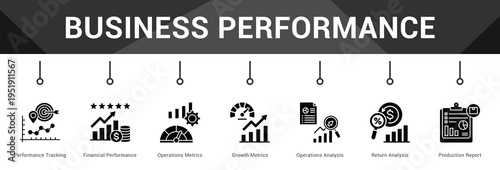 Business Performance  Modern and clean web banner illustration vector featuring thematic icons
