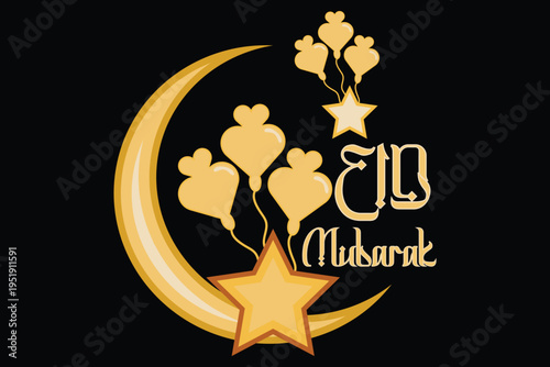 Eid Mubarak Golden Crescent Illustration, Luxury Eid Mubarak Islamic Artwork, Golden Eid Mubarak Celebration Design.