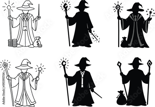 Wizard illustration set, fantasy magic icons, money conjuring figures, staff wand design, mystical economy graphic, magical wealth creation, sorcerer silhouette outline