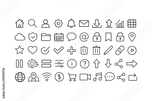 Collection of minimalist line icons for user interface design