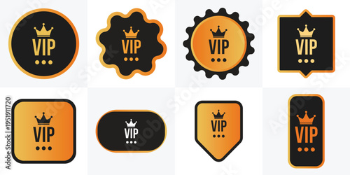 Vip badges and labels with crown and text for exclusive access and premium services