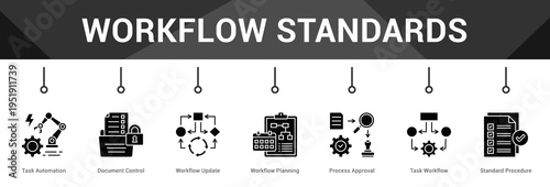 Workflow Standards  Modern and clean web banner illustration vector featuring thematic icons