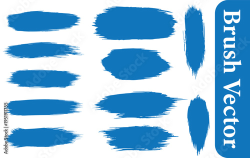 A collection of blue brush vector strokes and shapes on a white background for graphic design