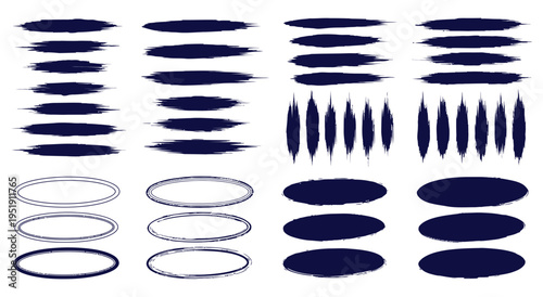 Collection of various oval and ring shapes in dark blue and metallic colors