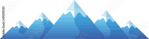 Varied sharp blue mountains with spiky snow capped peaks illustrate a stylized rugged landscape on a clear white canvas