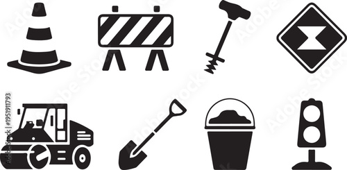 A collection of essential road construction and building site equipment and warning signs