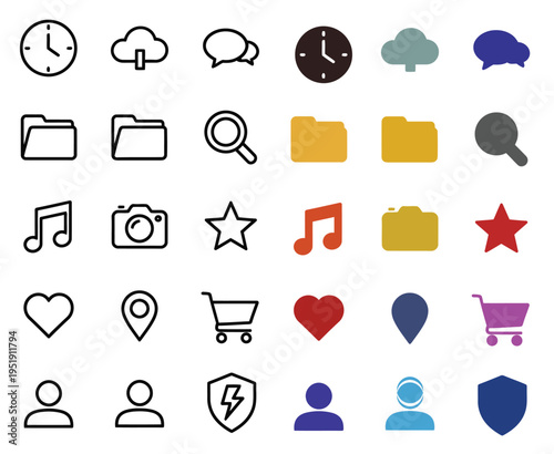 A collection of various colorful and monochrome icons for user interface design and digital applications