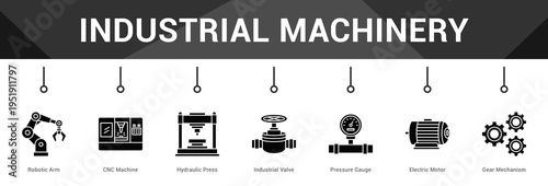 Industrial Machinery  Modern and clean web banner illustration vector featuring thematic icons