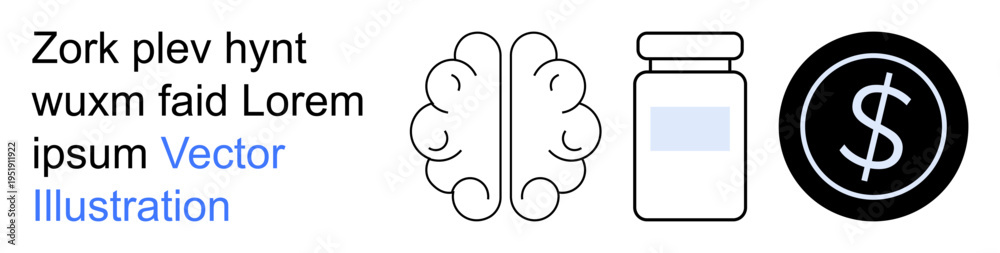 Obraz premium Healthcare, neuroscience, pharmaceuticals, financial systems, brain health, innovation. A brain beside a medicine bottle and dollar symbol. Healthcare and neuroscience
