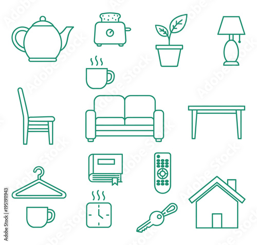 A collection of simple line drawings depicting various household items and furniture for interior design and home decor inspiration