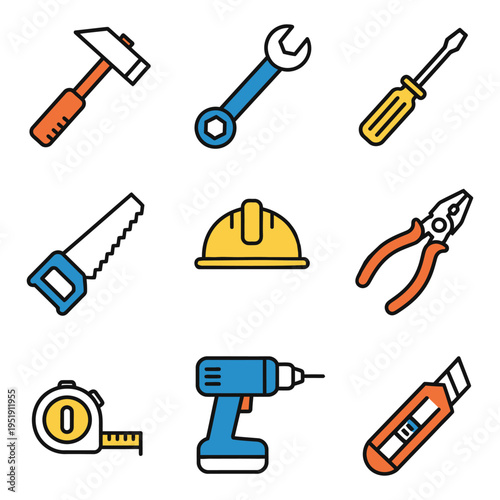 Collection of basic hand tools and equipment for construction and diy projects