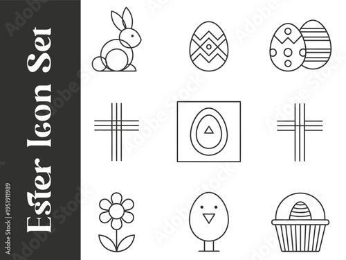 Easter icon set with various black and white illustrations