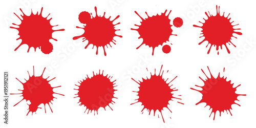 Collection of eight red blood splatter patterns on white background
