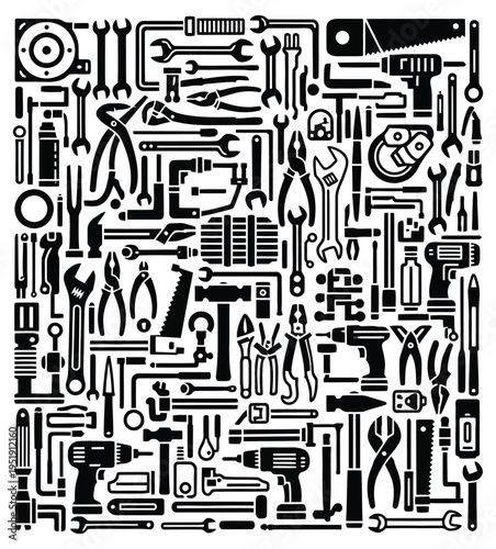 Collection of various hand tools and equipment for diy and construction