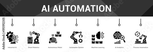 AI Automation  Modern and clean web banner illustration vector featuring thematic icons