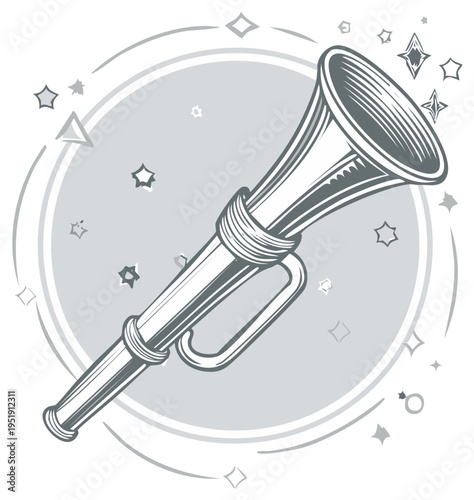 Vintage Bugle Horn with Decorative Stars and Geometric Shapes Illustration